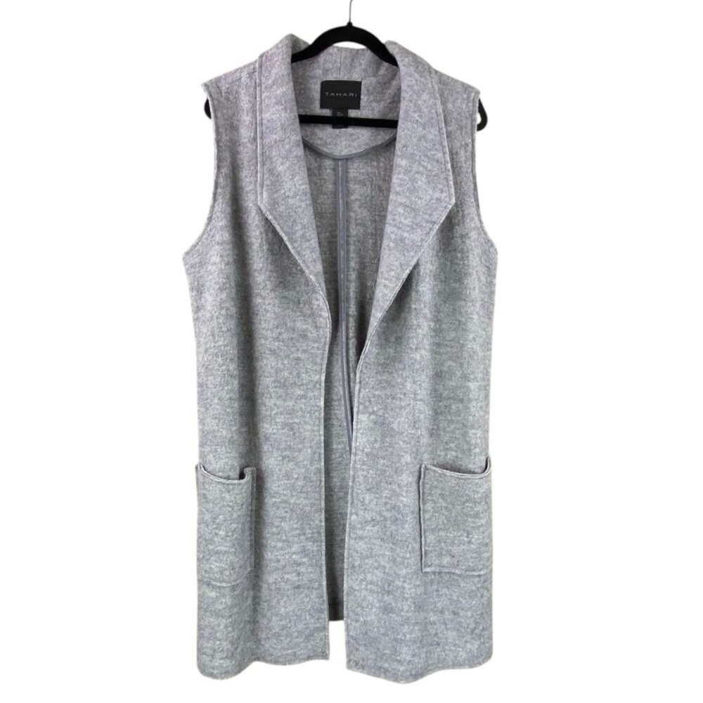 Tahari Wool Blend Long Duster Vest Size M Light Gray